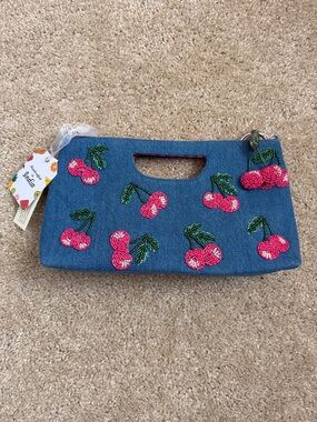 Denim Cherry Beaded Handbag Shoulder Crossbody Keychain Handcrafted India